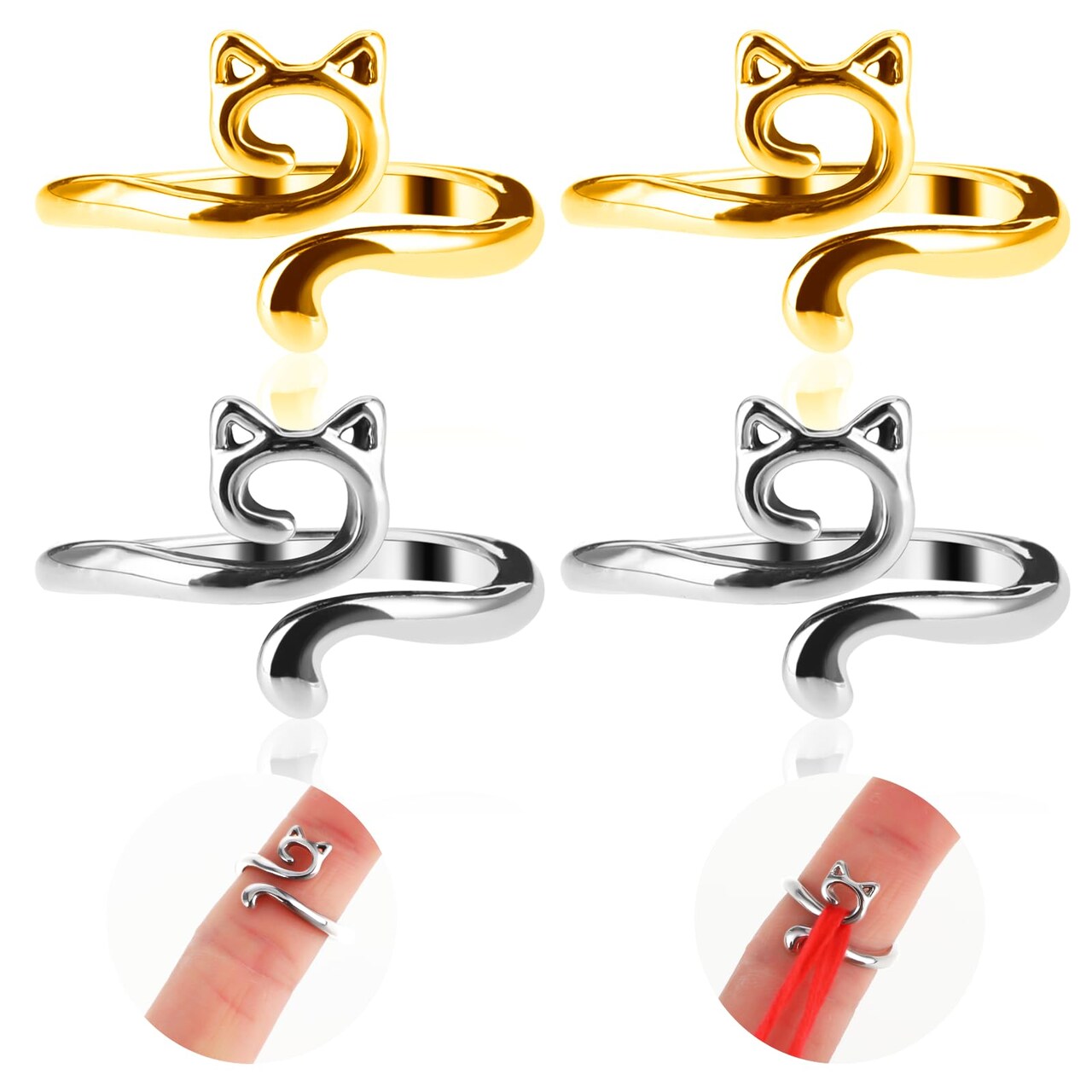 4pcs Knitting Crochet Loop Ring for Fingers Metal Open Yarn Guide Crochet Rings Adjustable Braided Faster Knitting Thimbles Holders Accessories for Crochet Mother Grandma Gifts (Gold Silver)